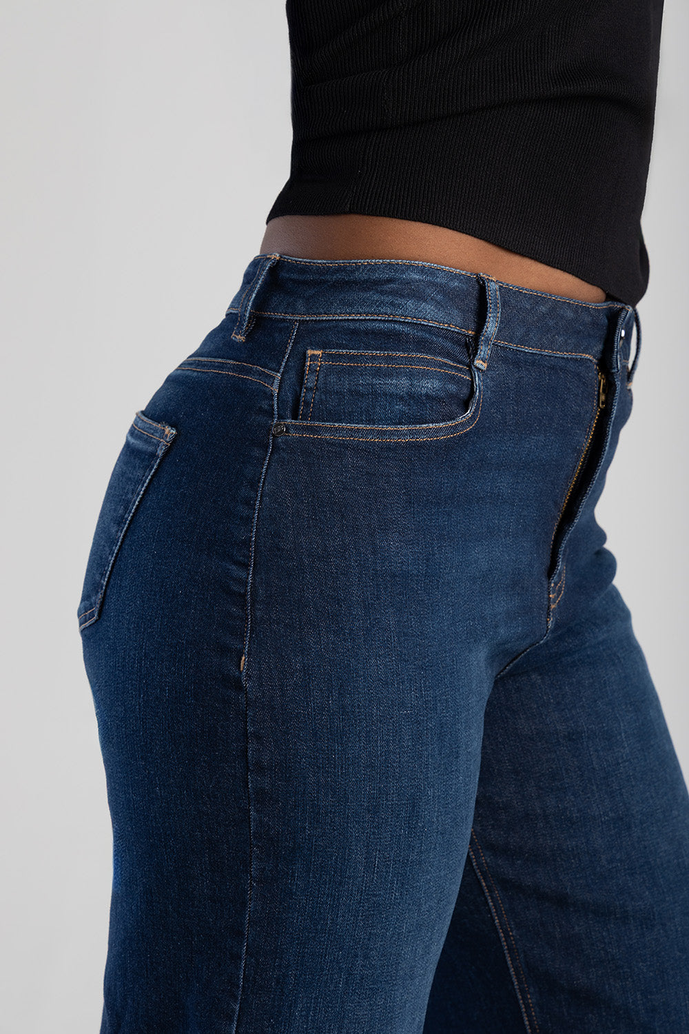 Embrodiered High Waist Turn Up Wide Leg Denim - Dark Wash