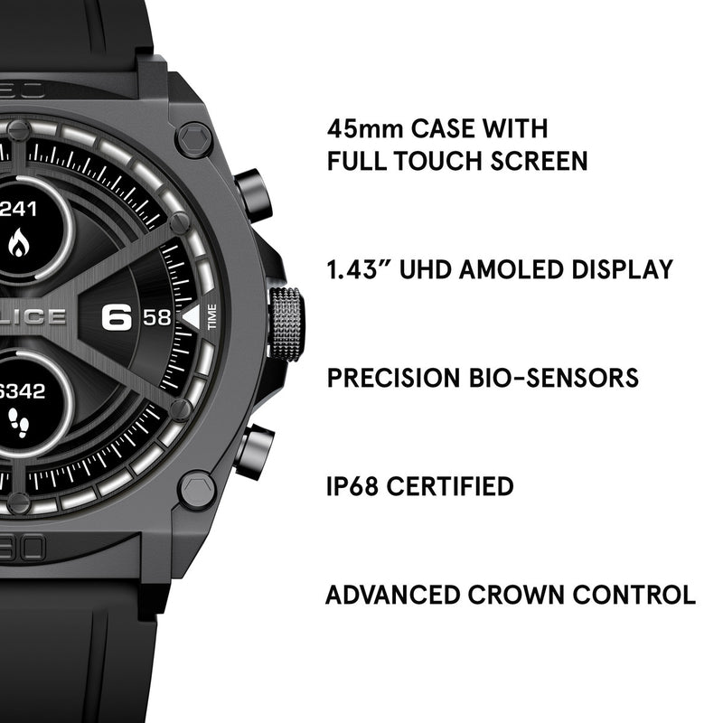 Gunmetal Case & LED Screen Smart Watch With Rubber Strap - Black