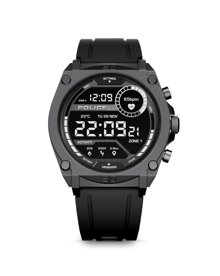 Gunmetal Case & LED Screen Smart Watch With Rubber Strap - Black