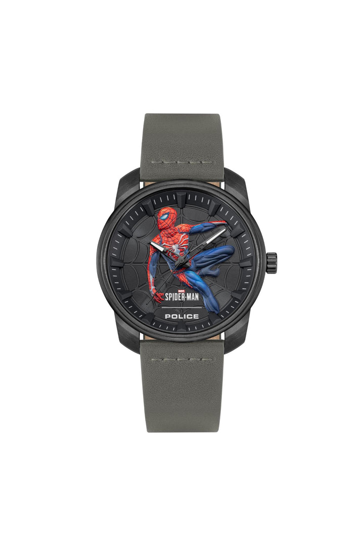 Gunmetal Case & Dial 3D Spiderman Grey Leather Watch - Black