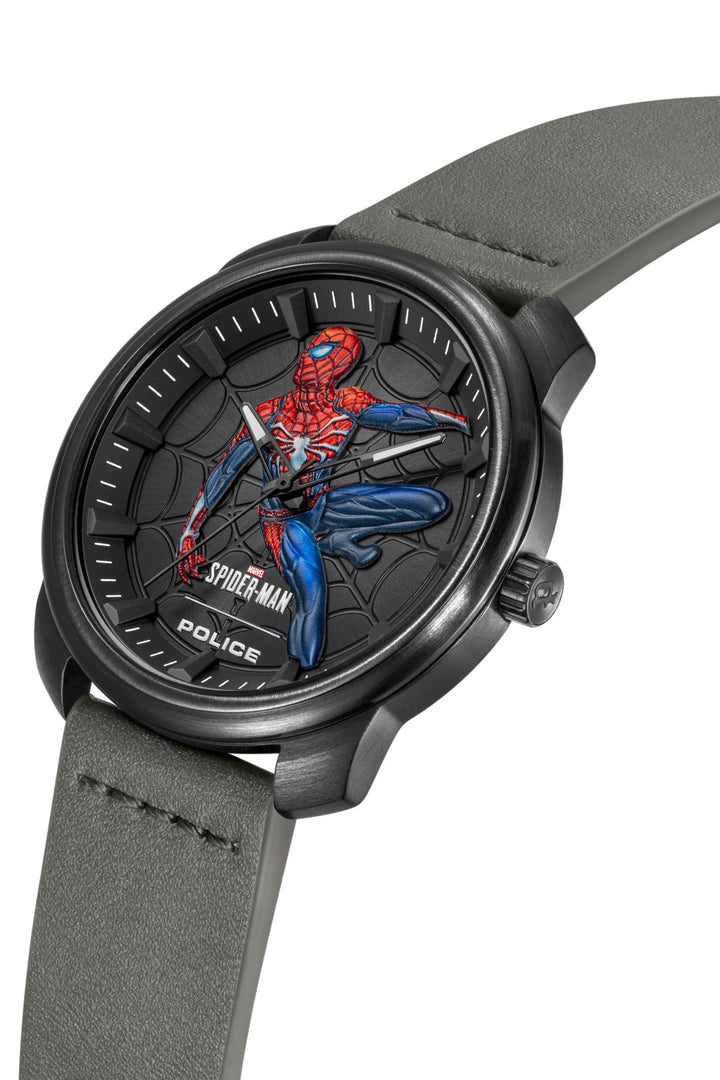 Gunmetal Case & Dial 3D Spiderman Grey Leather Watch - Black