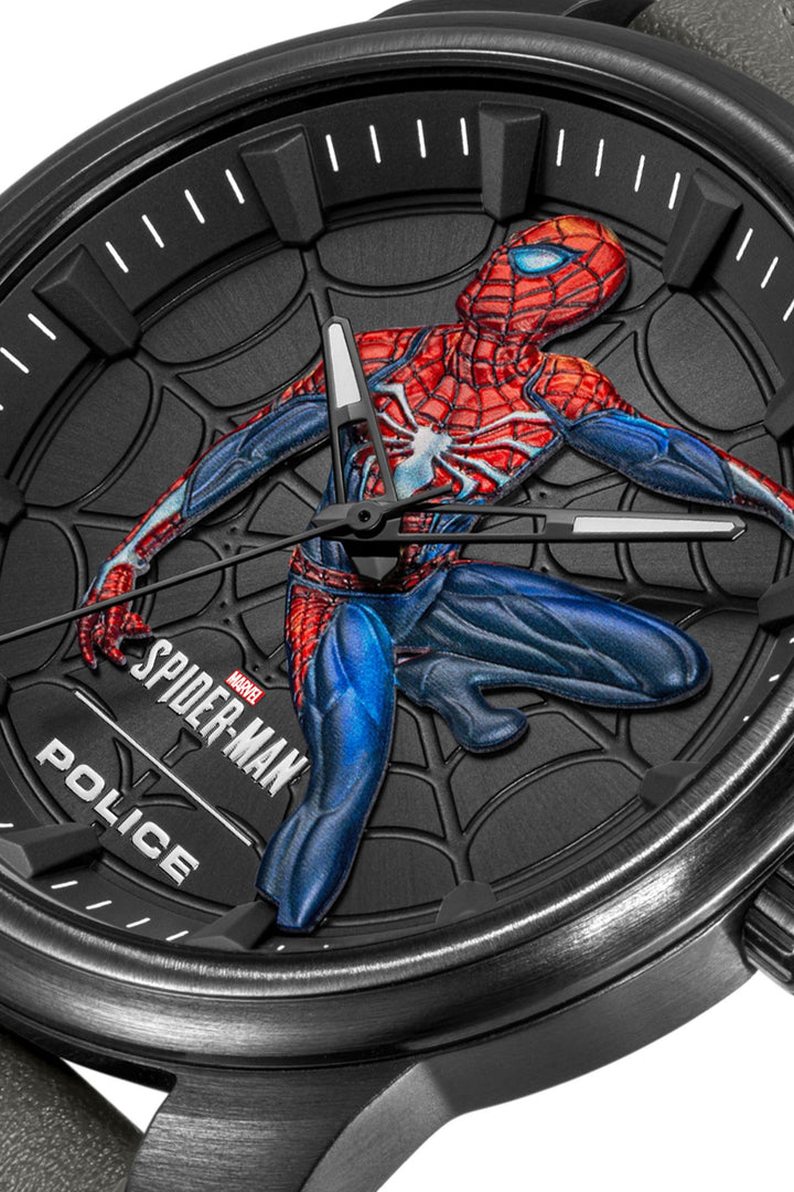 Gunmetal Case & Dial 3D Spiderman Grey Leather Watch - Black