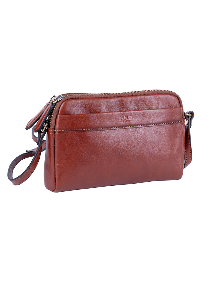 Vega Leather Double Zip Sling Bag - Brown