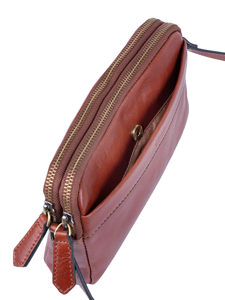 Vega Leather Double Zip Sling Bag - Brown