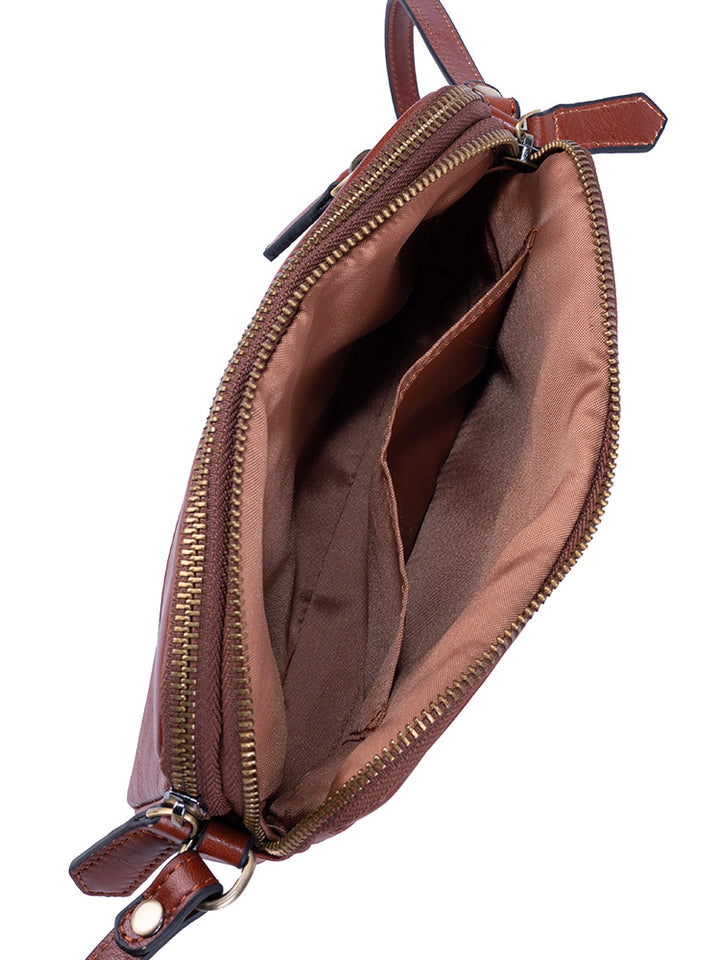 Vega Leather Double Zip Sling Bag - Brown