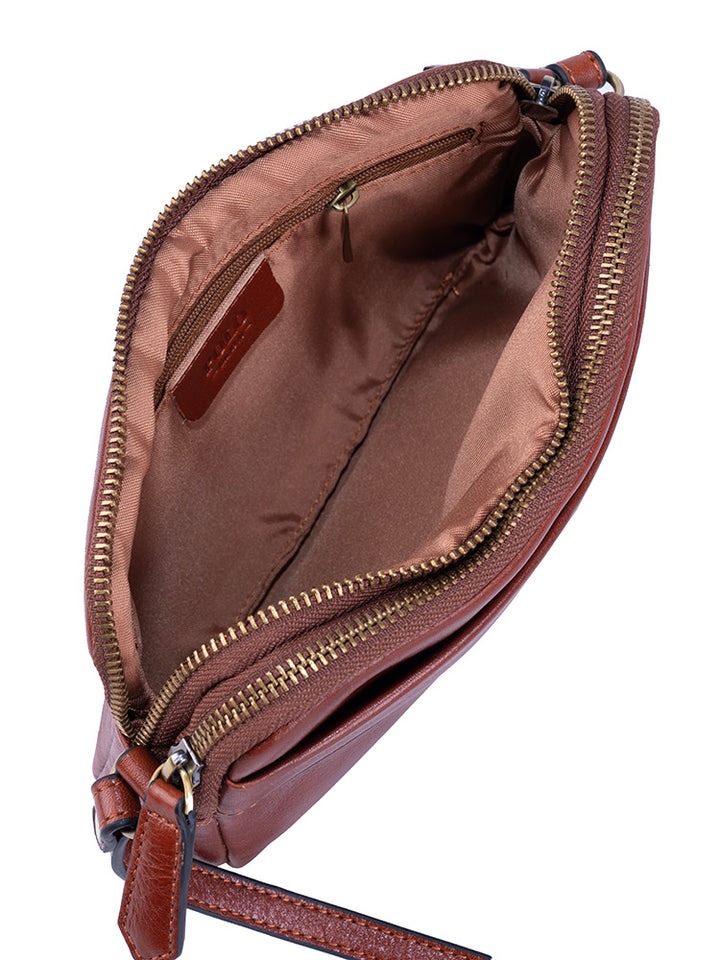 Vega Leather Double Zip Sling Bag - Brown