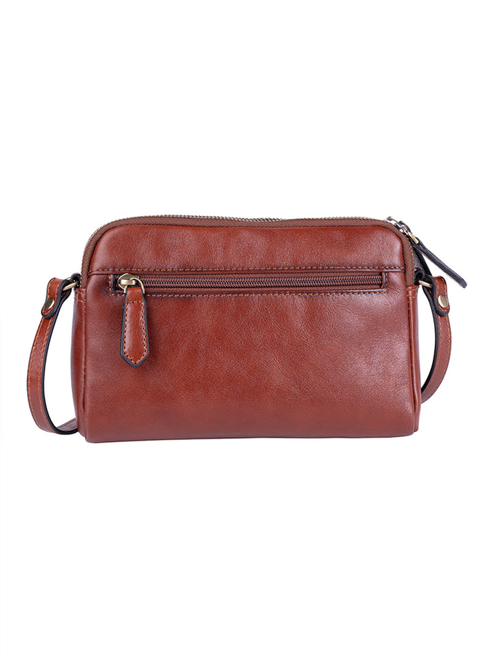 Vega Leather Double Zip Sling Bag - Brown
