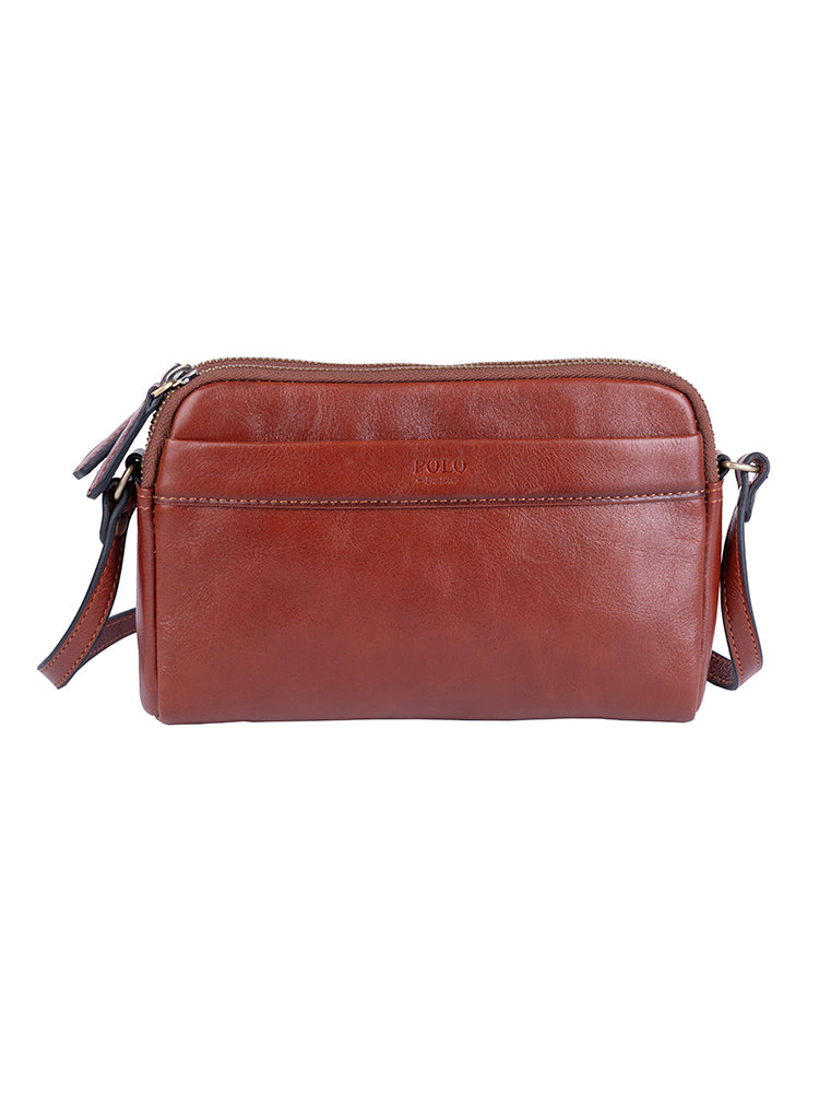 Vega Leather Double Zip Sling Bag - Brown