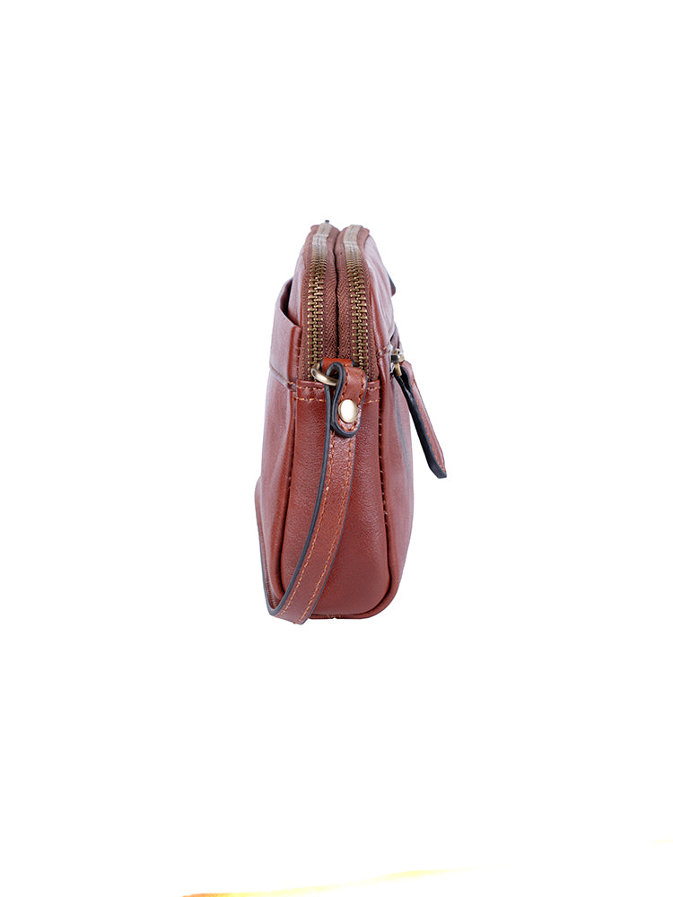 Vega Leather Double Zip Sling Bag - Brown