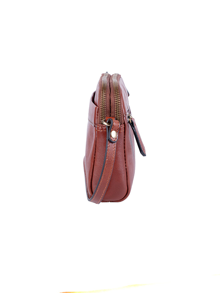 Vega Leather Double Zip Sling Bag - Brown