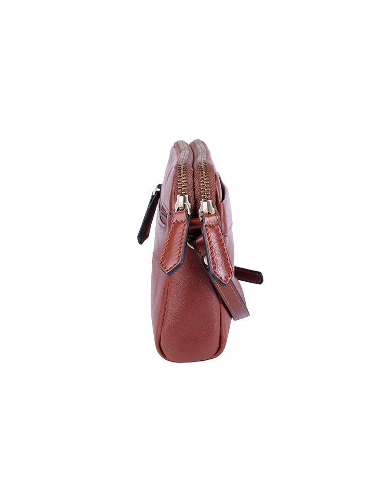 Vega Leather Double Zip Sling Bag - Brown