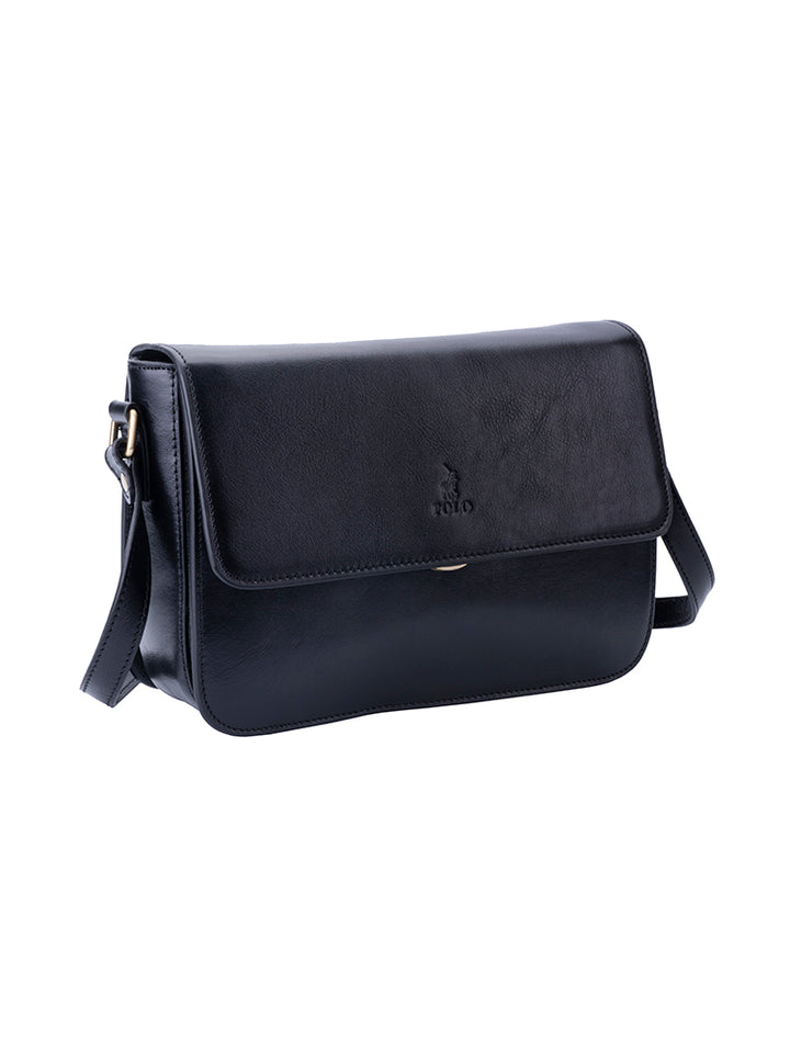 Vega Leather Flapover Sling Bag - Black