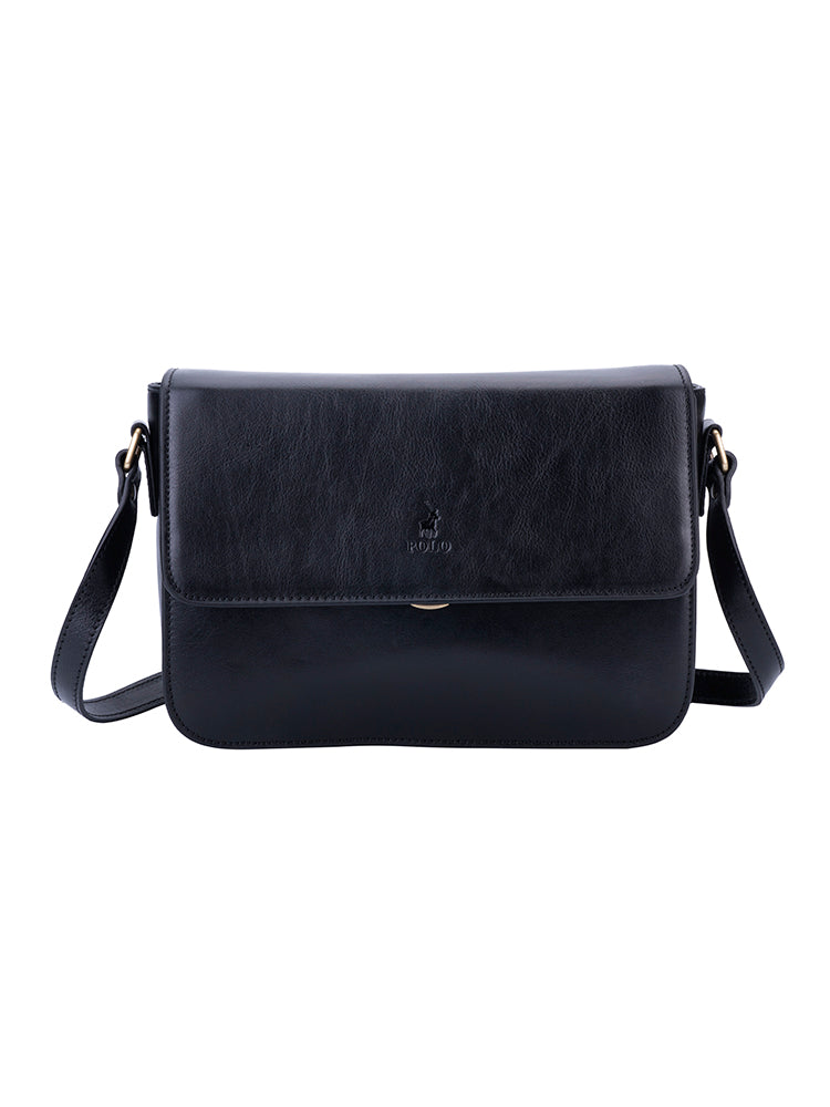Vega Leather Flapover Sling Bag - Black
