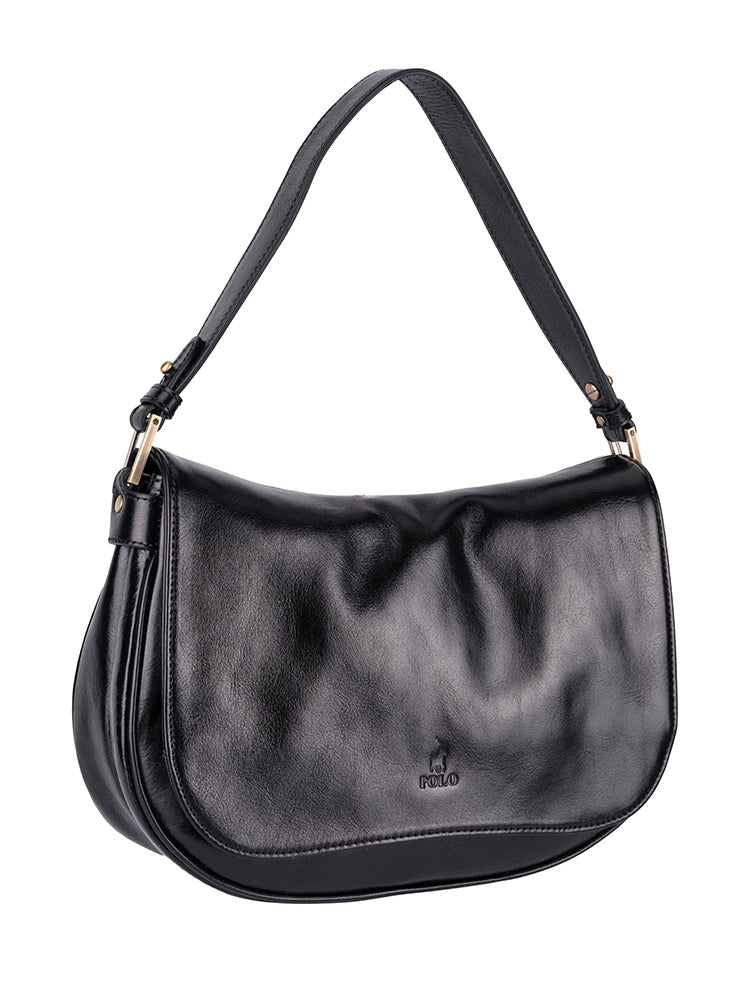 Vega Leather Flapover Shoulder Bag - Black