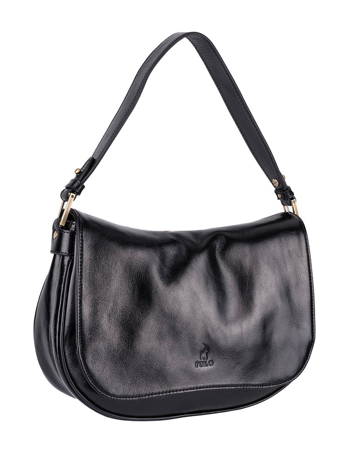 Vega Leather Flapover Shoulder Bag - Black