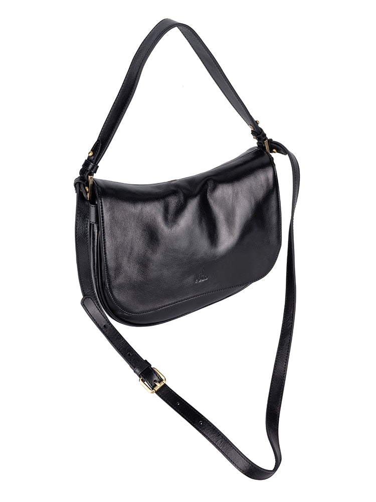 Vega Leather Flapover Shoulder Bag - Black