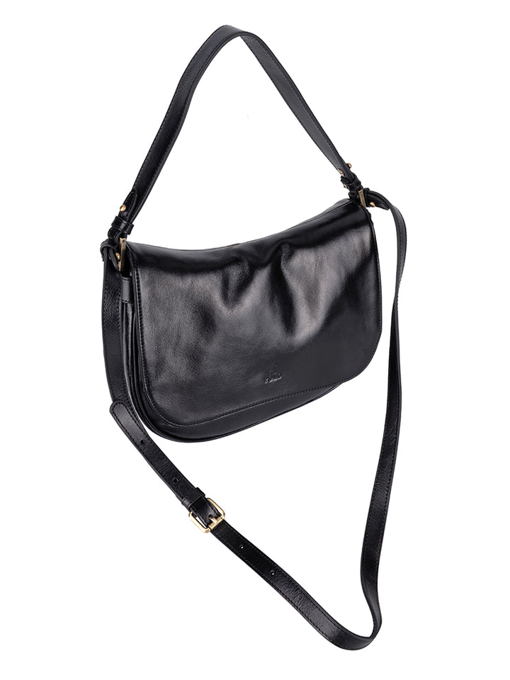 Vega Leather Flapover Shoulder Bag - Black