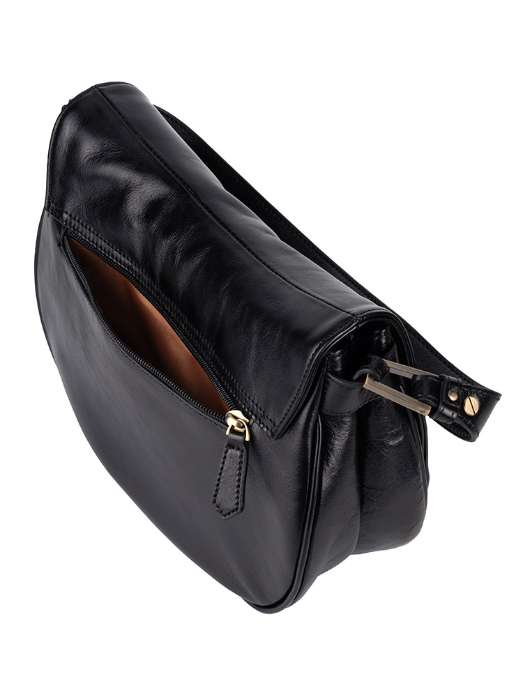 Vega Leather Flapover Shoulder Bag - Black