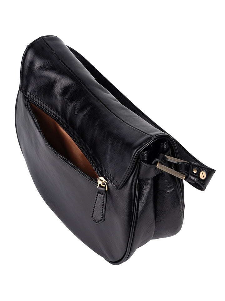 Vega Leather Flapover Shoulder Bag - Black