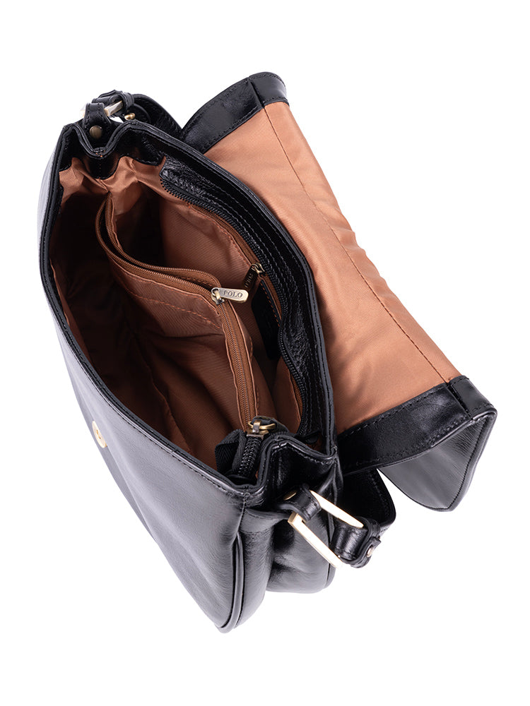 Vega Leather Flapover Shoulder Bag - Black