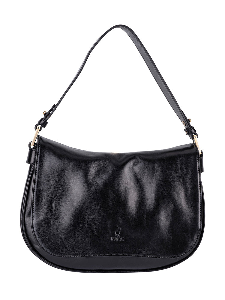Vega Leather Flapover Shoulder Bag - Black