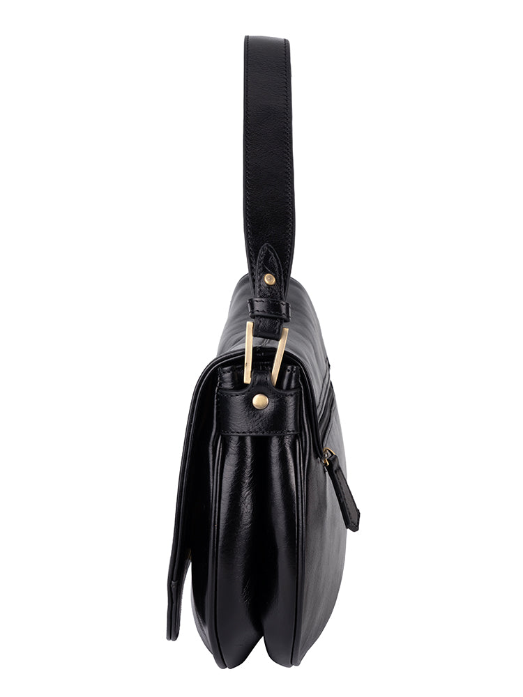 Vega Leather Flapover Shoulder Bag - Black