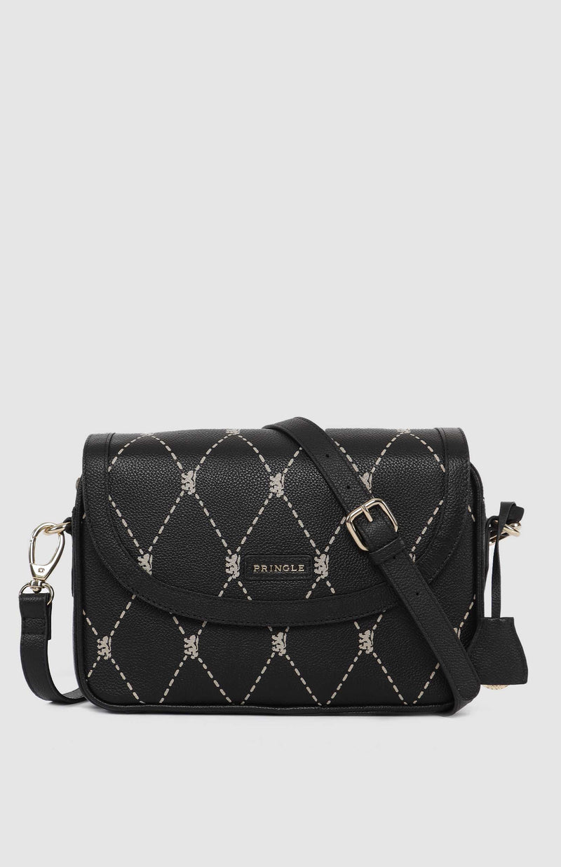 Argyle Print Flapover Crossbody Bag - Black