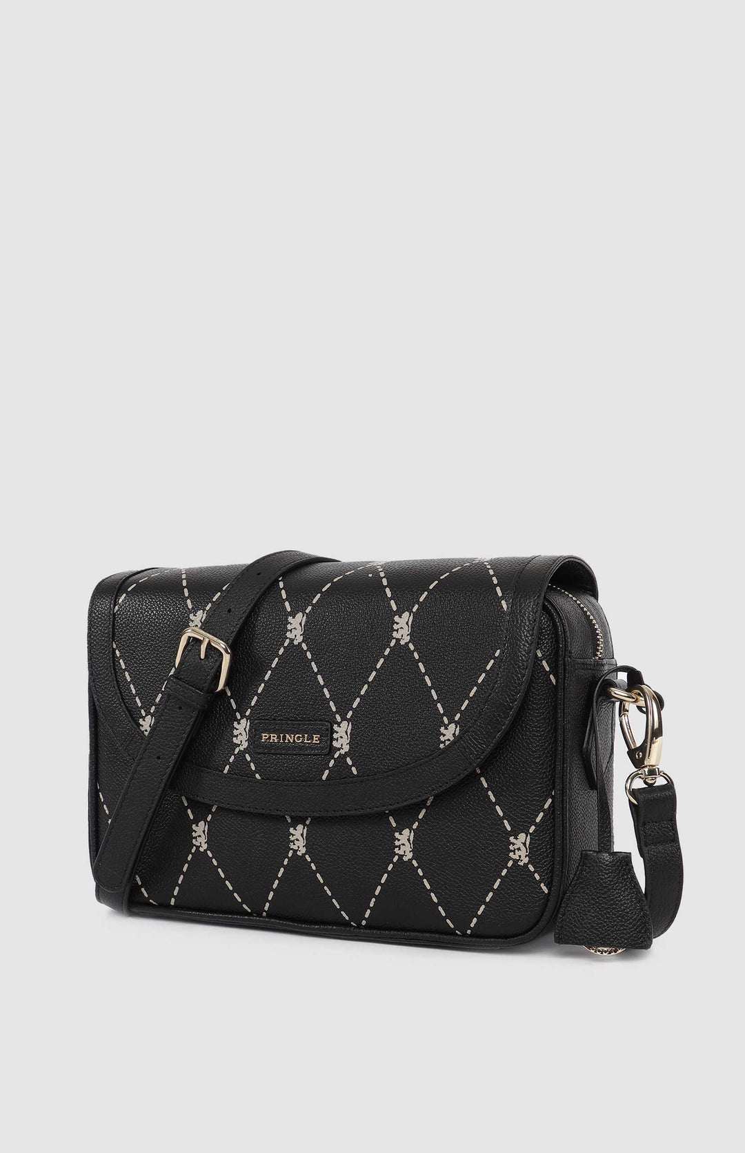 Argyle Print Flapover Crossbody Bag - Black