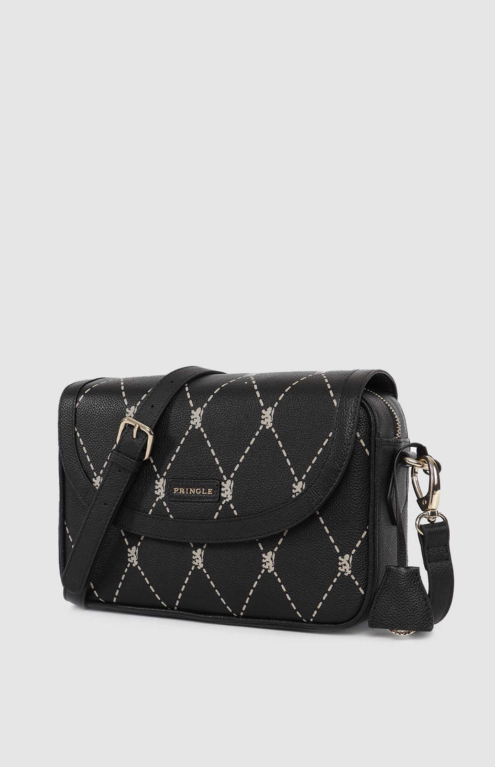 Argyle Print Flapover Crossbody Bag - Black