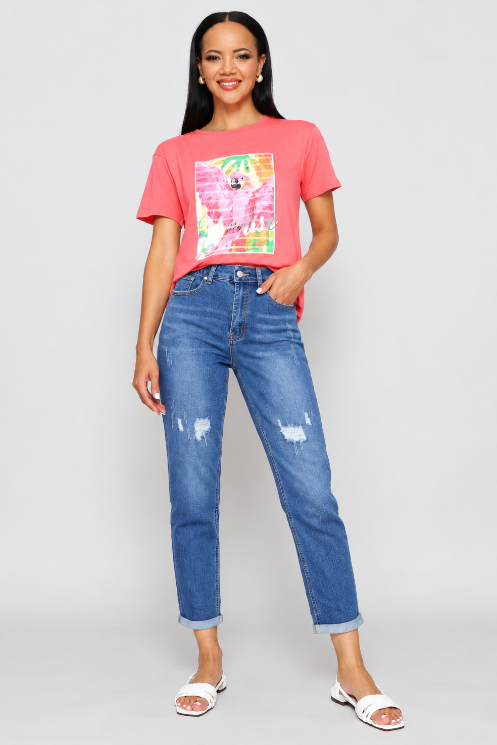 Hi-Rise Rip & Repair Turnup Mom Jean - Stonewash