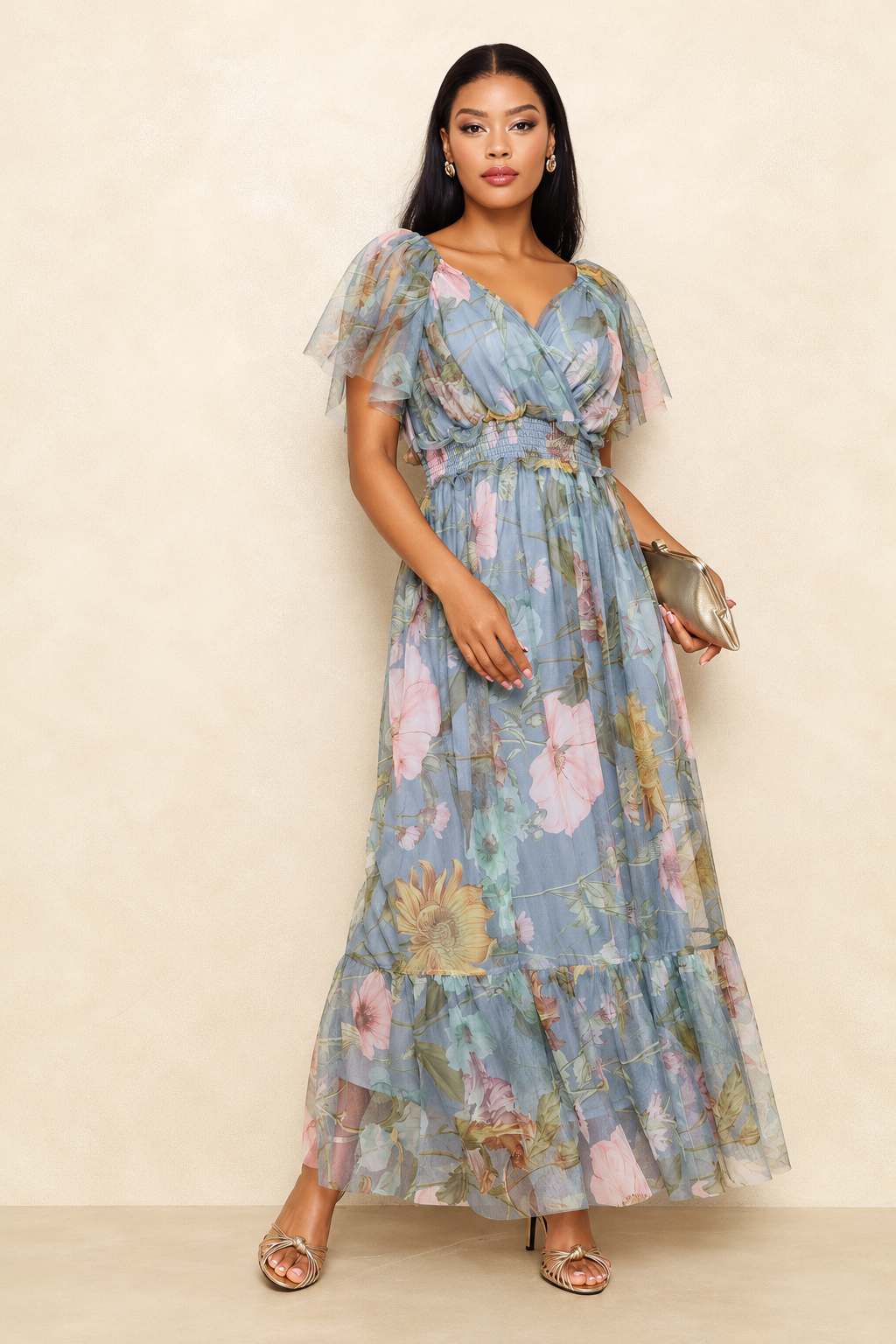 Shirred Floral Tiered Mesh Maxi Dress - Seafoam
