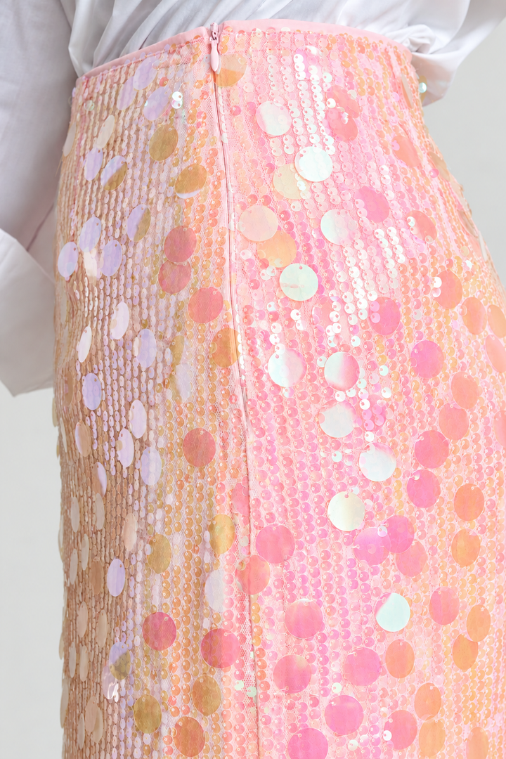 High Waisted Sequin Maxi Skirt With Back Slit - Pink
