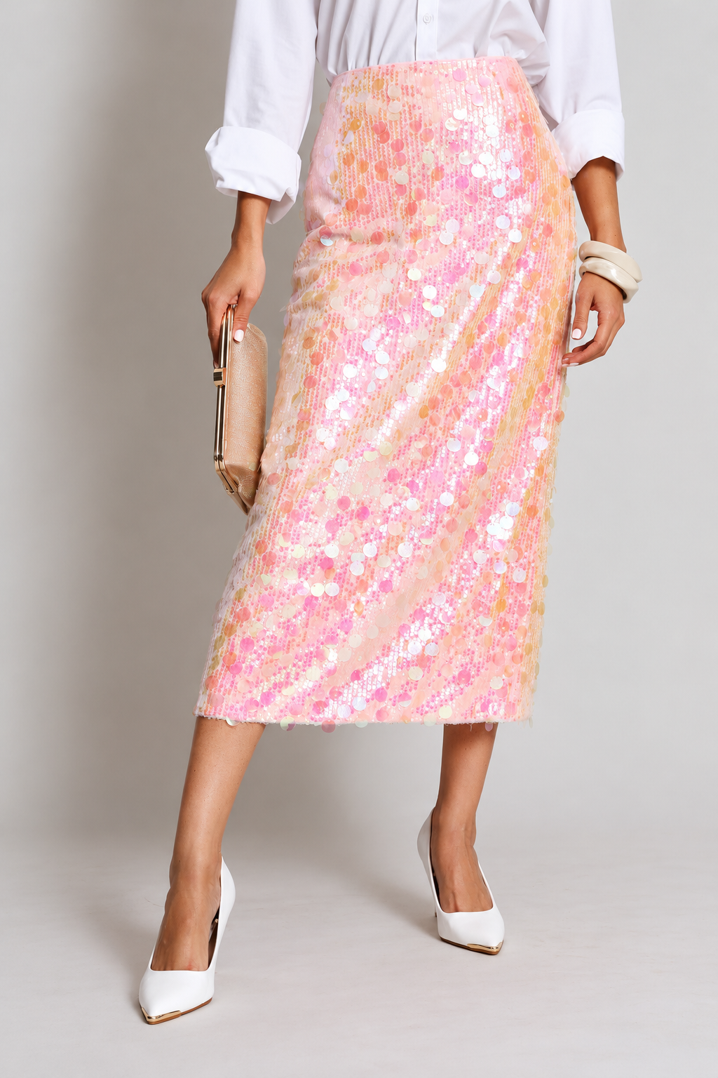 High Waisted Sequin Maxi Skirt With Back Slit - Pink