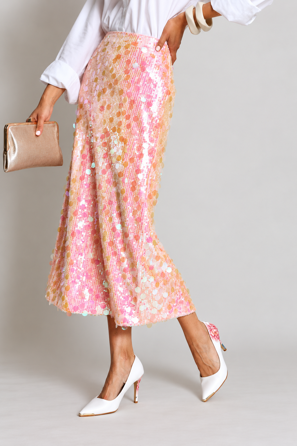 High Waisted Sequin Maxi Skirt With Back Slit - Pink