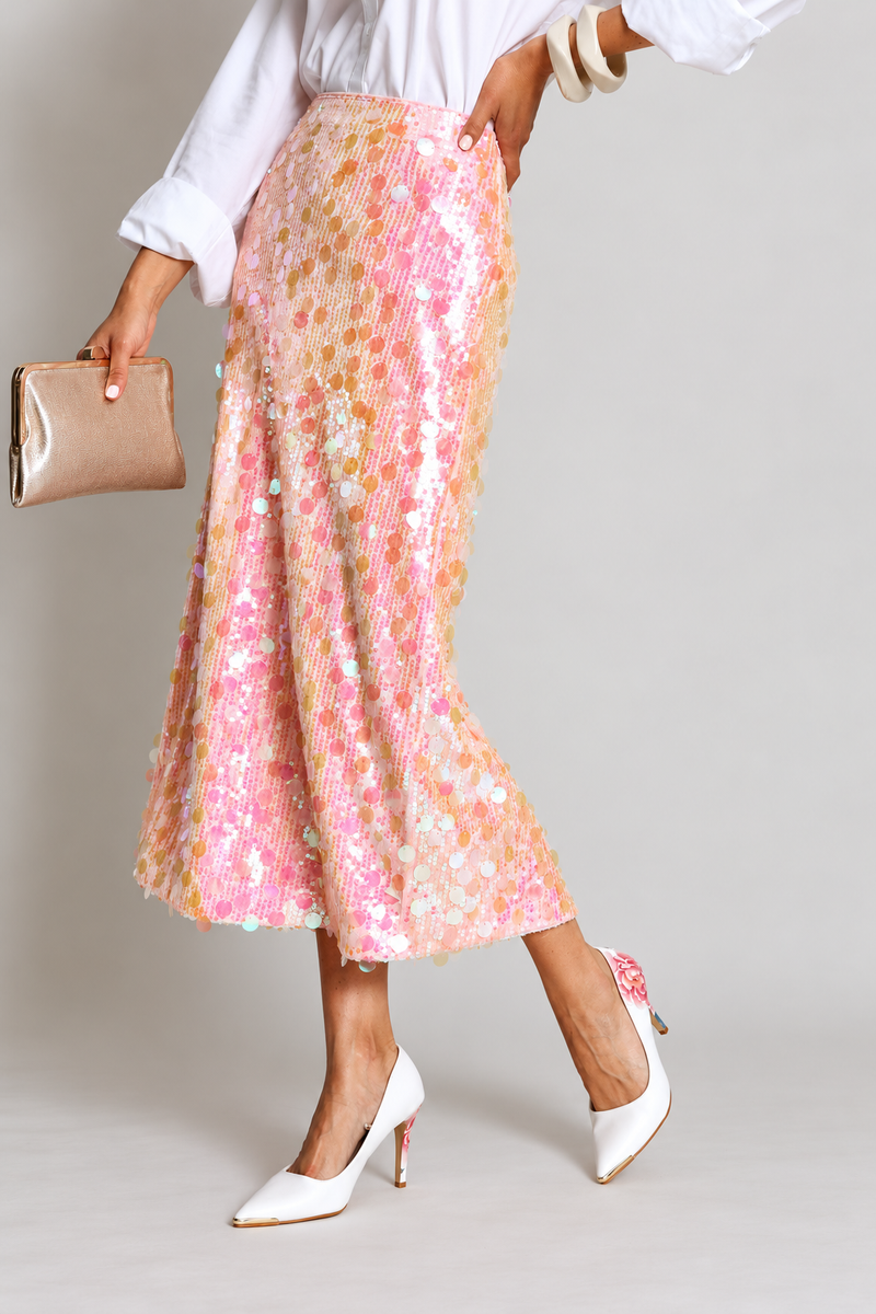 High Waisted Sequin Maxi Skirt With Back Slit - Pink