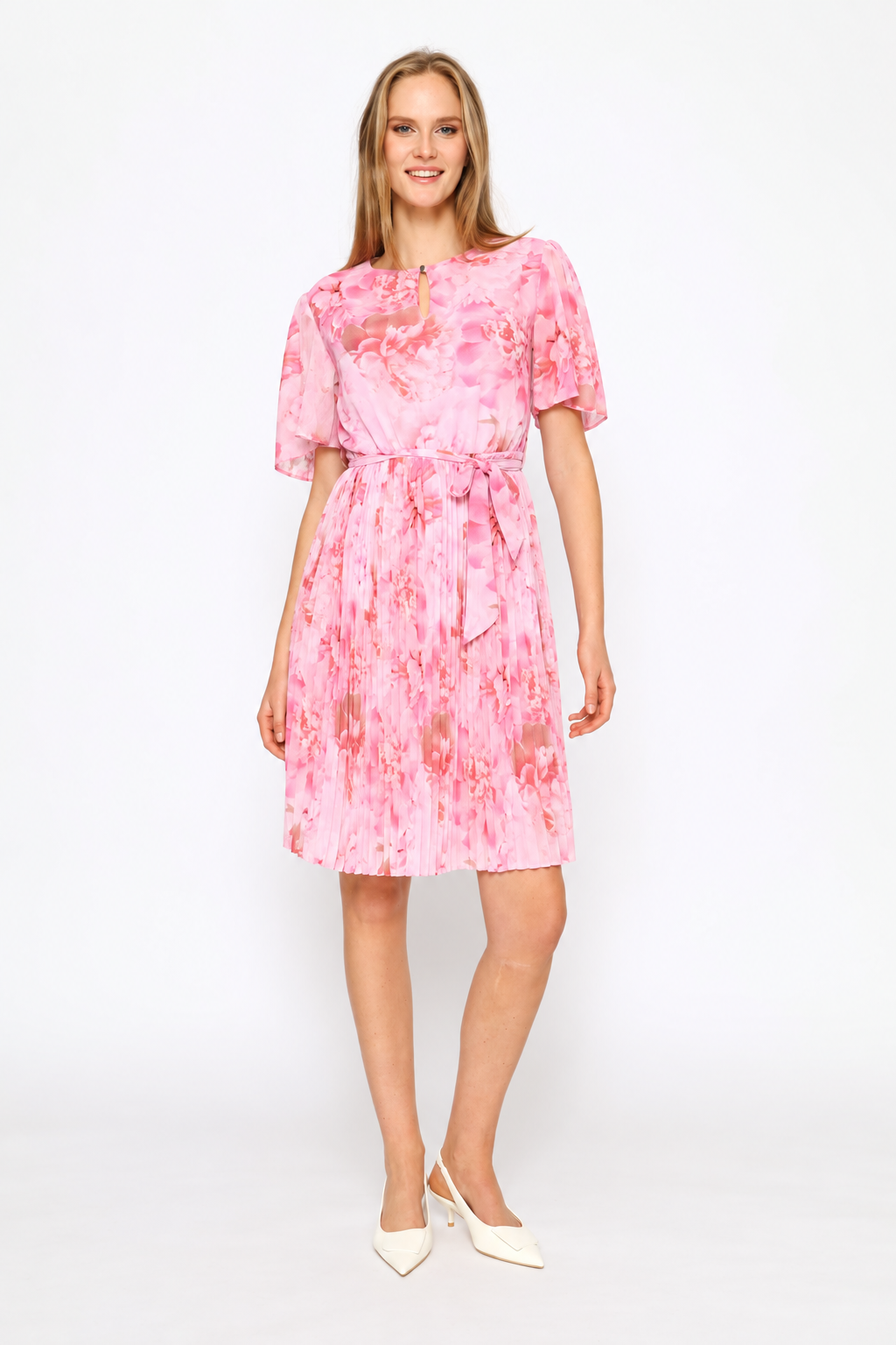 Soft Floral Pleated Tea Dress - Pink