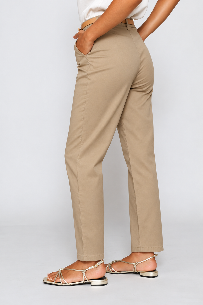 Belted Sateen Chino Straight Leg Pants - Mocha