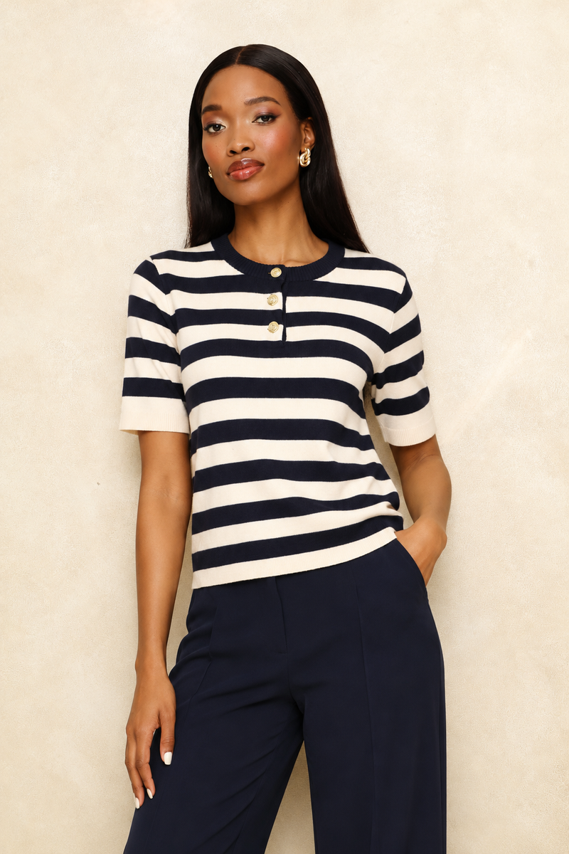 Button Striped Knitwear Pullover - Navy