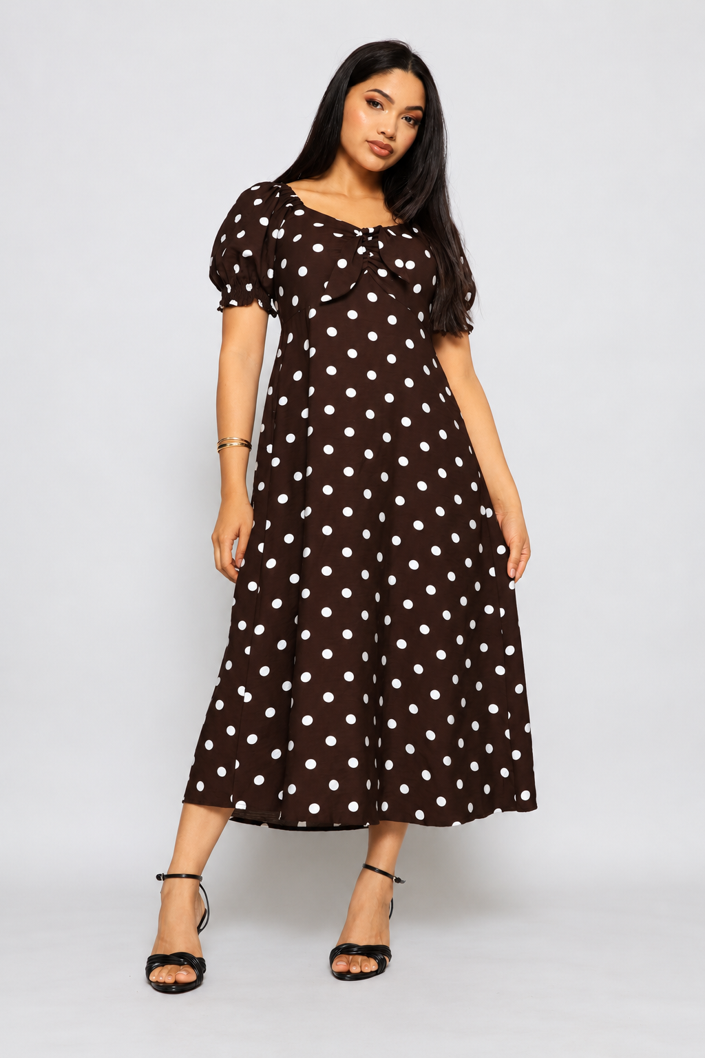 Elasticated Cuff Cap Sleeve Tie Front Maxi Dress - Chocolate