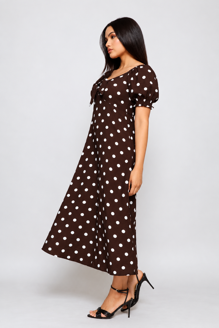 Elasticated Cuff Cap Sleeve Tie Front Maxi Dress - Chocolate