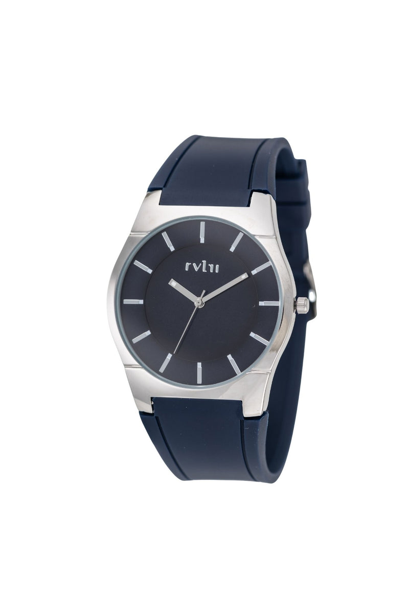 Silver Case Navy Blue Dial & Strap Watch - Silver