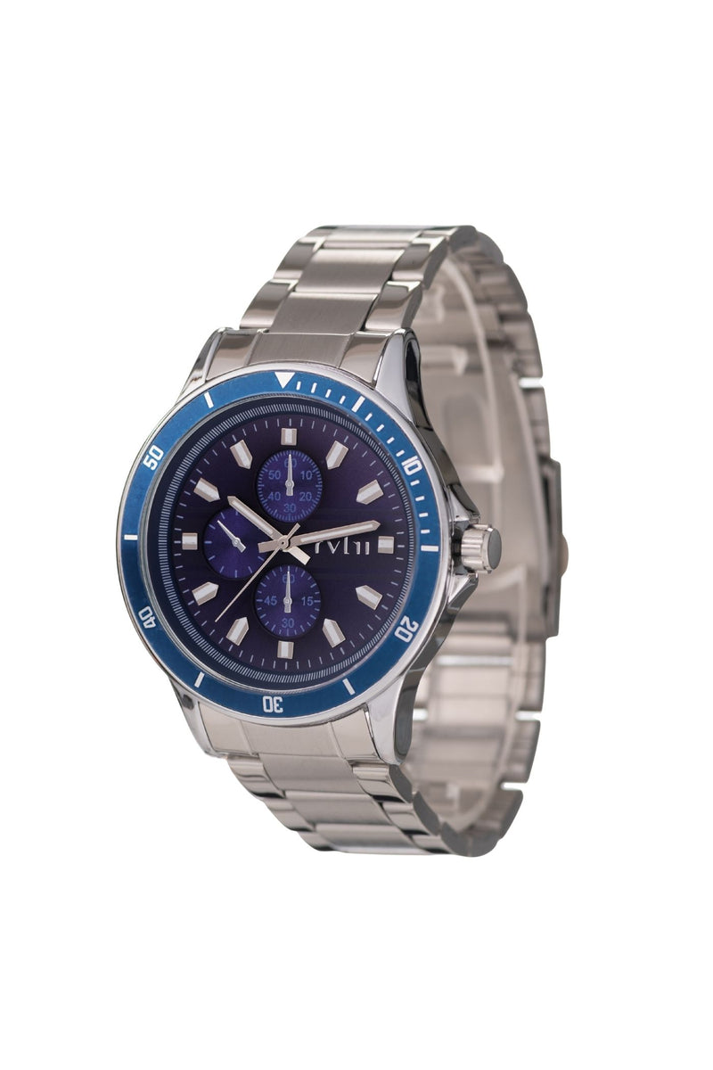 Silver Case & Navy Dial Silver Strap Watch - Silver