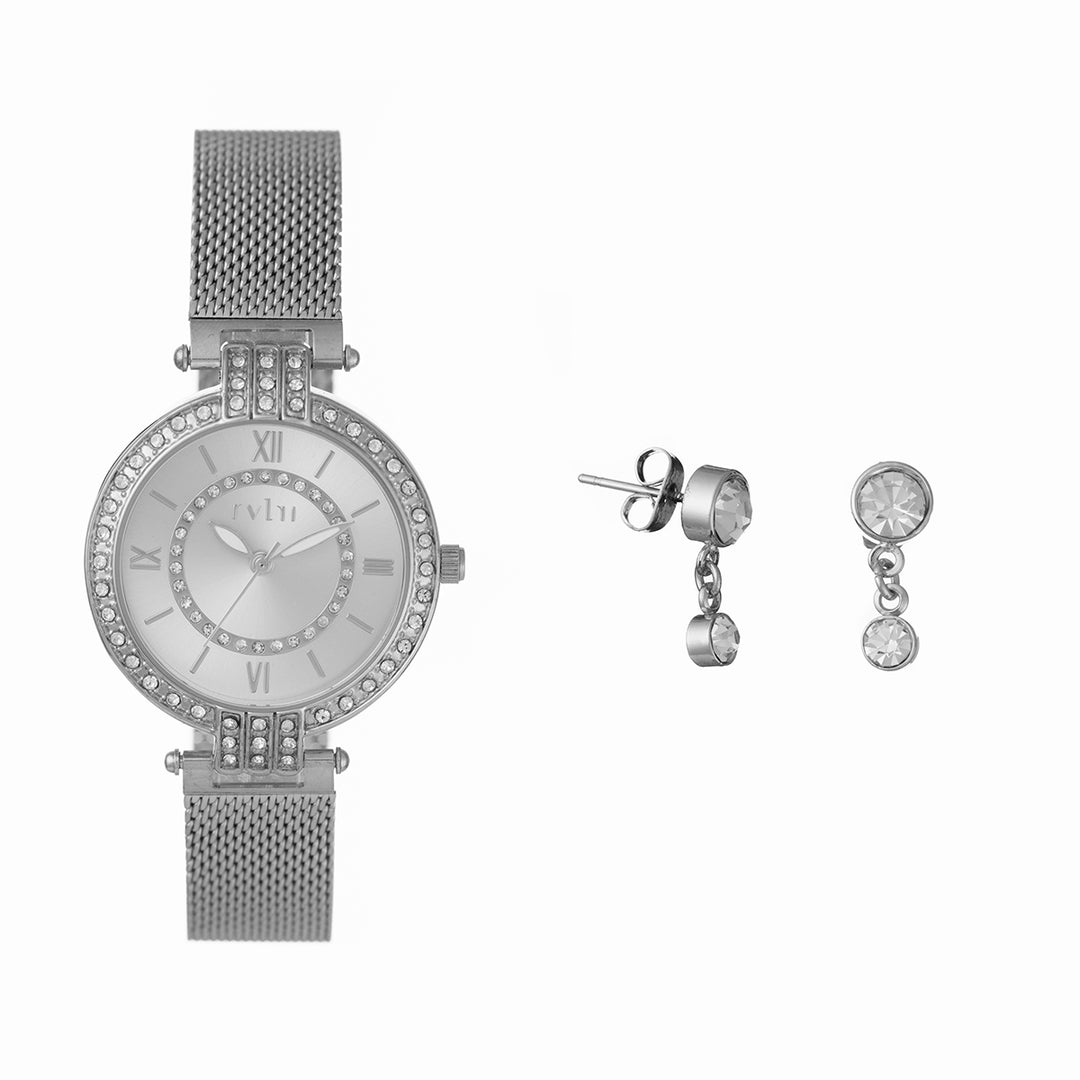 Ladies Silver Mesh Watch & Drop Earrings Set