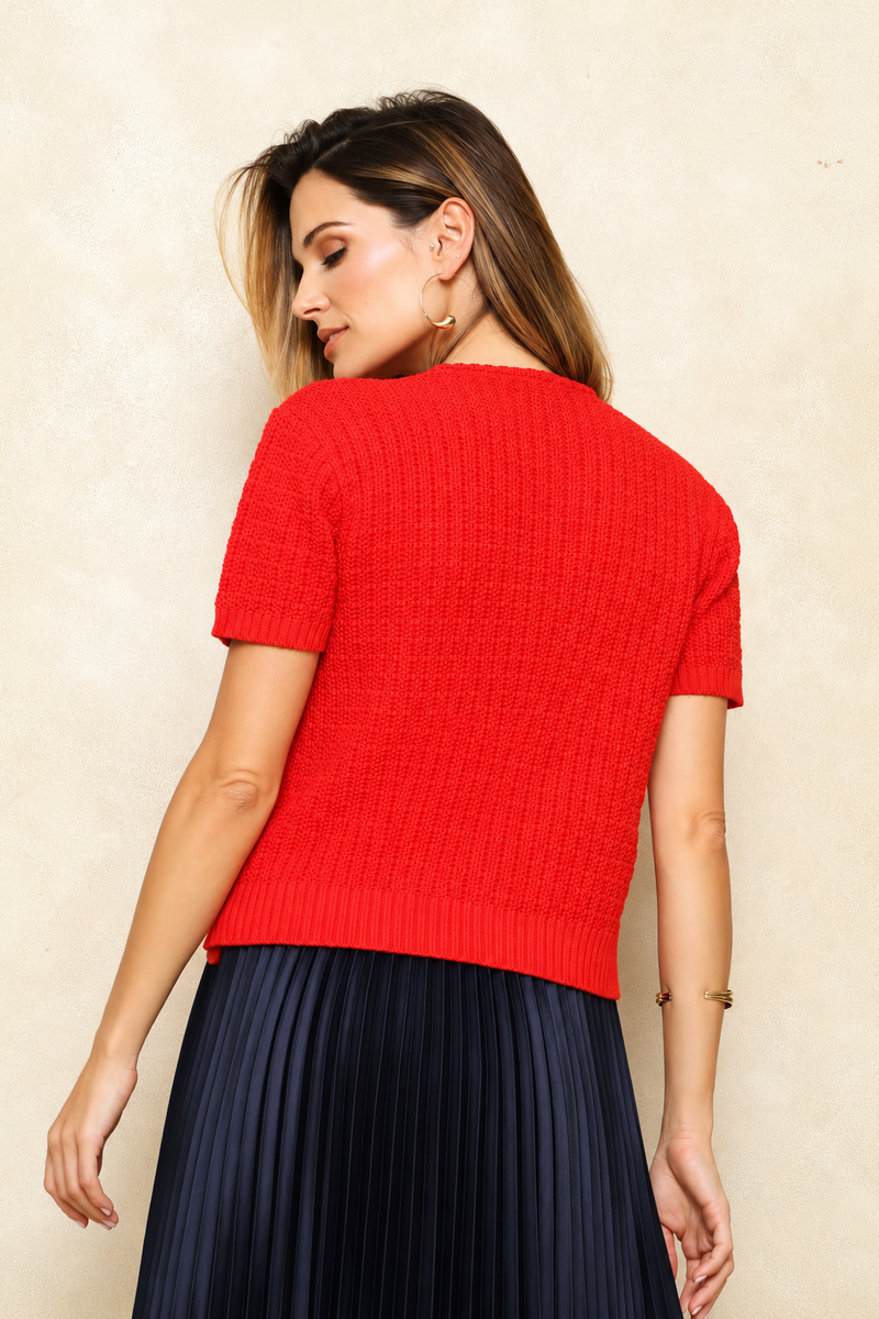 Preppy Textured Cardigan - Red