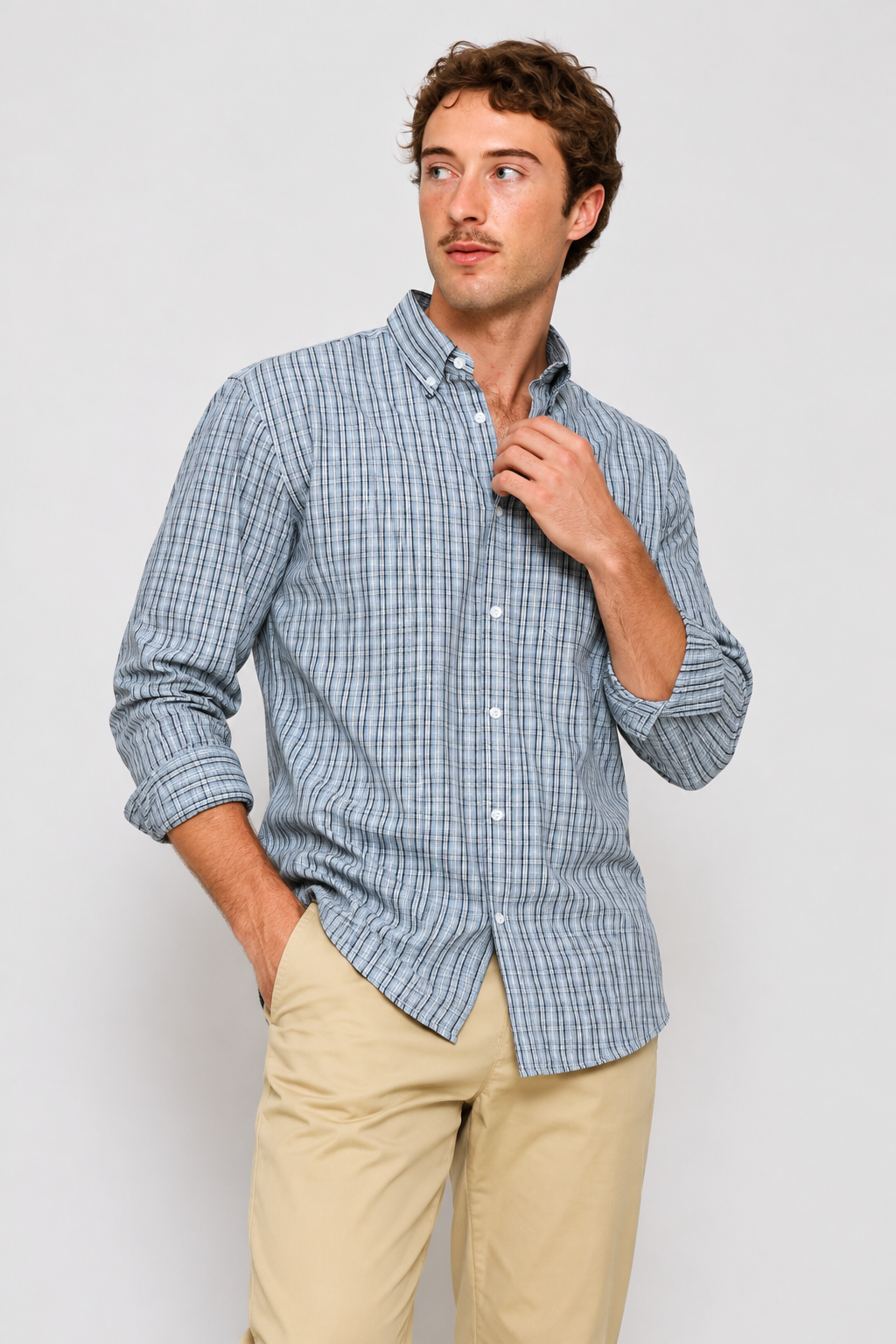 Fine Weave Washed Cotton Check Shirt - Blue
