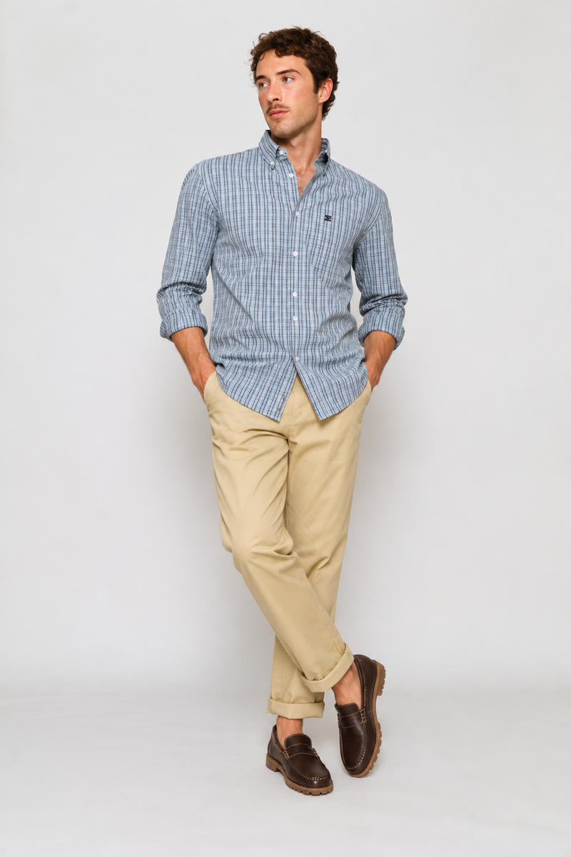 Fine Weave Washed Cotton Check Shirt - Blue