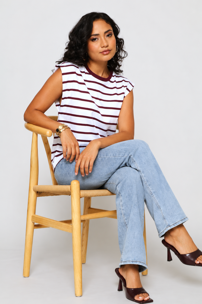 Contrast Rib Neck Stripe Muscle Tee - White/Wine