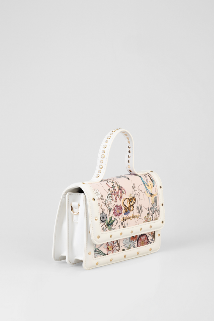 Flower Boom Pearl Handle Flower Print Bag - Dusty Pink