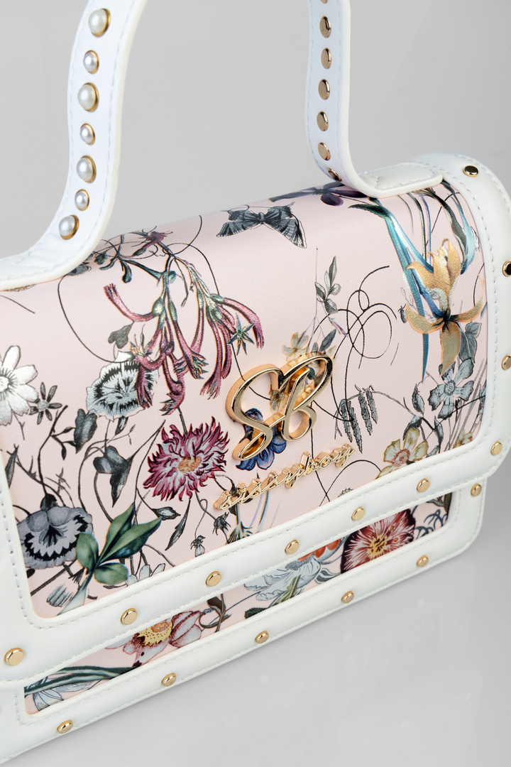Flower Boom Pearl Handle Flower Print Bag - Dusty Pink
