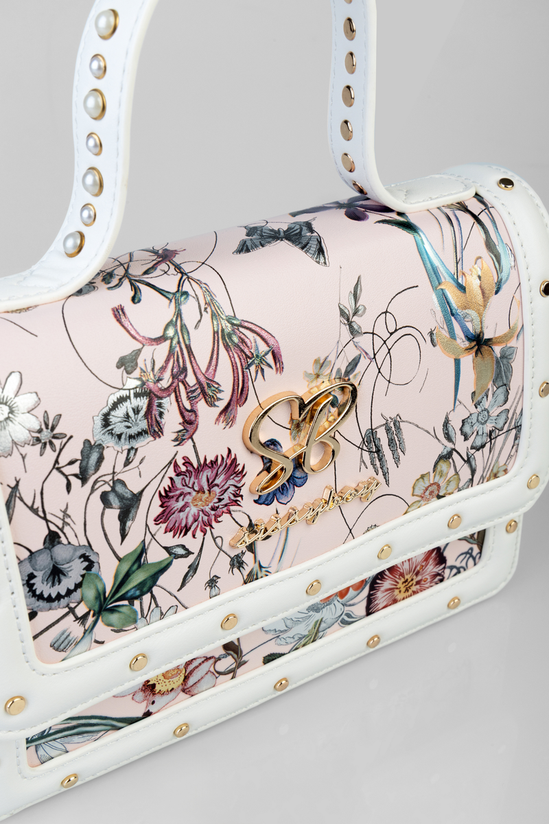Flower Boom Pearl Handle Flower Print Bag - Dusty Pink